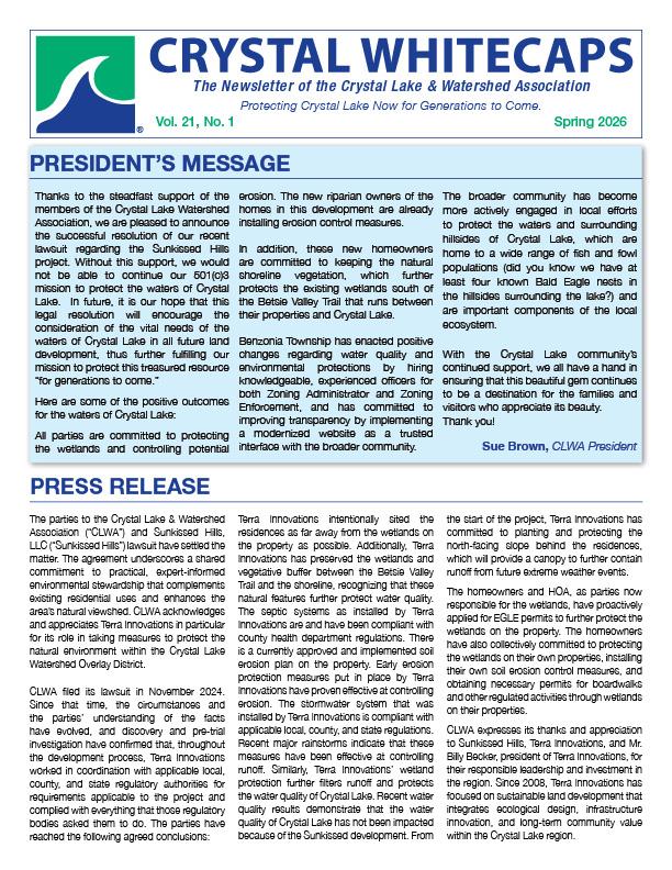 Crystal Whitecaps Newsletter, Volume 21, Number 1 -- Spring 2026 - cover